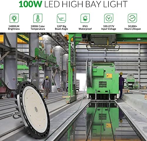 Flakeper LED High Bay Light 100W, 14000 Lm com cabo de 5 pés de 5 pés, 5000k Daylight, IP65 à prova d'água, OVNI Comercial