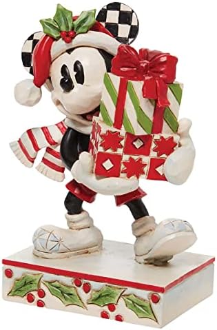 Enesco Jim Shore Tradições da Disney Mickey Mouse Holding Stacked Presents Fatuine, 4,5 polegadas, multicolor