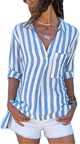 ANDONGNYWELLWWELL Feminino Casual V Neck Stripe de manga longa Cardigan Tops Camisetas de chiffon Camisa de lapela de lapela