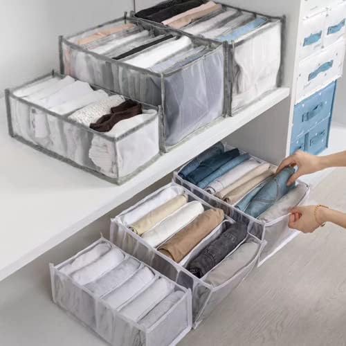 Organizador de roupas, divisor de armazenamento de malha de nylon para guarda -roupa ou gaveta; Cinza, 7 slots, tamanho pequeno, pequenos