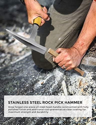 Incly Rock Hounding Geology Hammer Tool, Hammer de 32oz de rocha, 3 PCs cavando kit de cinzels, equipamentos de cães com saco mesette, bússola, apito para mineração de gemas de panning de ouro