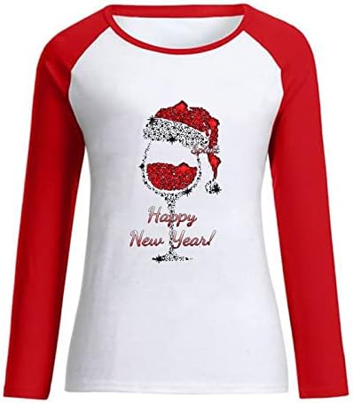 Camisas de manga longa feminina Feliz Ano Novo Ano Novo Letra Funny Letter Graphic Print Pullover Christmas Casual Raglan Tops