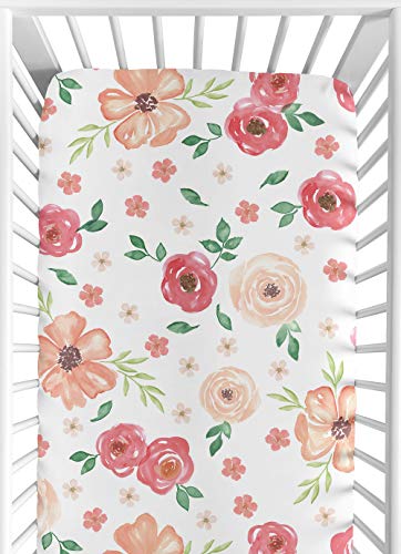 Sweet JoJo Designs pêssego e bebê verde ou criança montada folha de berço para a aquarela Coleção floral - Flor de rosa rosa