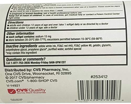 CVS Saúde Extra Strength Sofrener Docusate Softgels de sódio 250 mg, 500 contagem