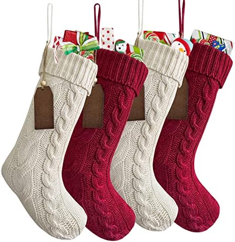 Ourwarm 4 pacote de 18 meias de Natal de malha personalizadas e grandes meias de Natal vermelhas de xmas duplo-lados com