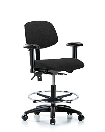 Labtech Seating LT42498 Cadeira de bancada média, tecido, base de nylon - inclinação, braços, anel de pé cromado, rodízios, preto