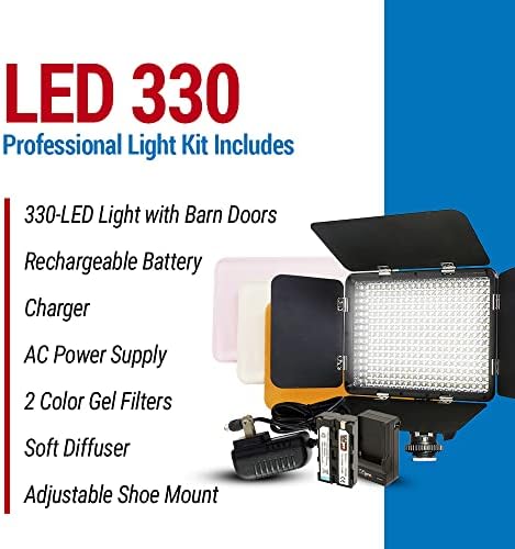 Vidpro LED -330 Kit de luz de foto e vídeo - Luz LED do painel da câmera - luz ajustável e diminuído de luzes de