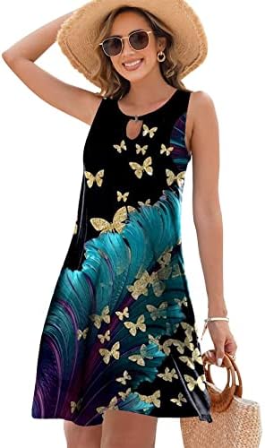 Etcyy Summer Dresses for Women 2023 Trendy Boho Floral Print Cover Up Crew Neck Neck Sundresses com bolsos
