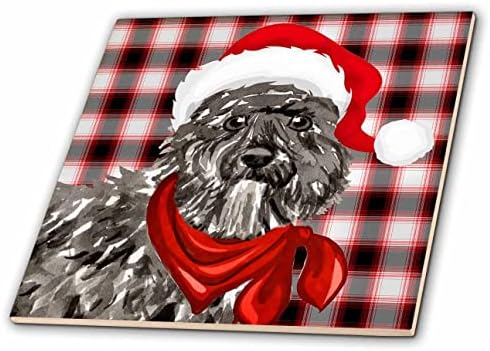 3drose bouvier des flandres cão de Natal com xadrez de férias vermelho e preto - azulejos