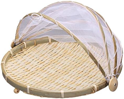 Bandeja de porção de doitool redondo cestas de tecido de bambu com cobertura de malha coberta cesta de tenda de tenda