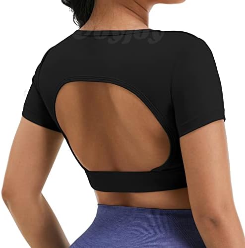 VoyJoy Mulheres abertas de volta camisetas femininas sem costas de manga curta de manga curta para a camisa de ginástica de treino