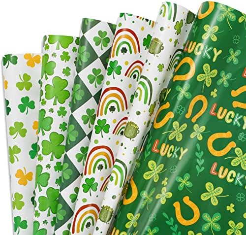 AnyDesign 12 folha de papel de embrulho do dia de St. Patrick 6 Design Green Lucky Shamrock Rainbow Prip em papel de embrulho papel decorativo para celebração da festa de férias, 19,7 x 27,6 polegadas, Flat dobrado