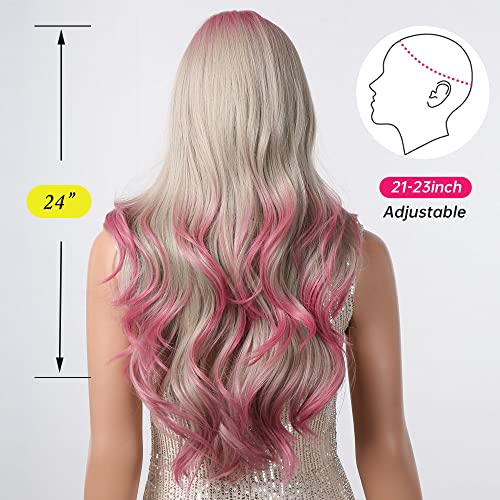 Allbell Long Wavy Wavy Pink Loira perucas para mulheres ombre perucas cinza com franja Substituição sintética resistente