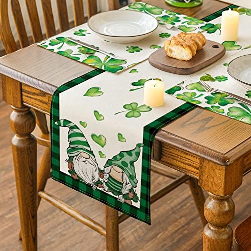 Modo Artóide Buffalo Gnomos Green Heart Heart Shamrock Runner de mesa de dia de São Patrício, decoração sazonal de mesa