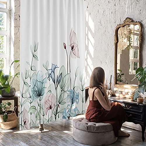 Cortina de chuveiro floral de tecido Joymin Conjunto com 12 ganchos Cortina de banho aquarela Acessórios decorativos modernos,