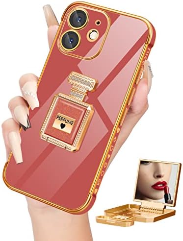 Buleens para iPhone 11 Case com suporte de espelho de garrafa de perfume de metal, Casos de coração feminino para mulheres fofas para