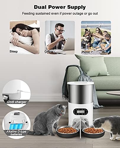 Alimentadores automáticos de gatos automáticos huicocy, 304 dispensador de alimentos de gato de aço inoxidável para 2 gatos e cães pequenos, 4,5l alimentador de animais de estimação com divisor de 2 vias, controle de porção de 1-4 refeições, gravador de voz 10s, fonte de alimentação dup