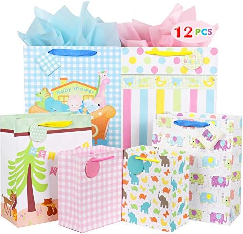 Sacos de presente de papel para bebês FZOPO, sacos de presente de papel pesado, pacote de 12 sacolas pequenas, médias e extras para