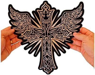 Patch grande traseiro, remendo bordado, cruz cristão marrom/dourado e asas grandes patches, 11 x 12