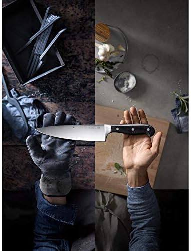 Faca WMF Bloco de 6 peças Spitzenklasse Plus Faca cortada de desempenho feita na Alemanha Forgada aço de lâmina Especial - rebites de aço inoxidável Manças de plástico de qualidade Bloco de faca de faca de madeira de faia