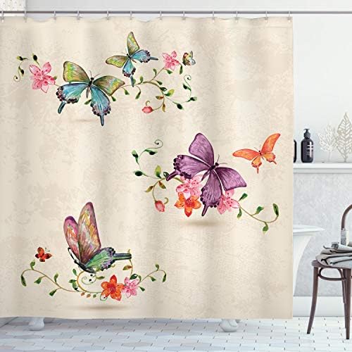 Cortina de chuveiro de borboleta de Ambesonne, padrão de borboleta no estilo de fundo vintage Asas de fundo transformação de mariposa,