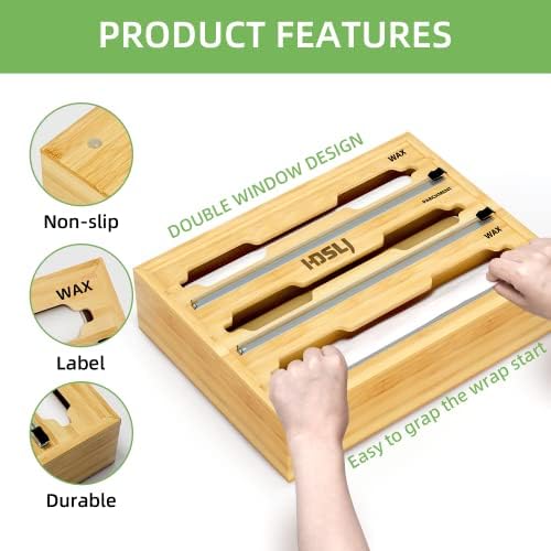 HDSLJ 3 em 1 folha e organizador de plástico, dispensador de filme plástico de bambu com cortador e etiquetas, papel