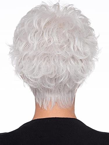 Pixie Cut Silver Wig, franja inclinada, cabelos curtos encaracolados, peruca branca macia, cabelos naturais de meia-idade e mulheres