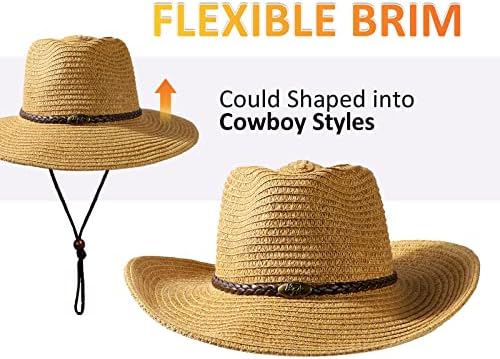 Mulheres Straw Sun Hat Hat Mens Cowboy Chapéu de jardim UPF 50+ largo Chapéu de verão com videira