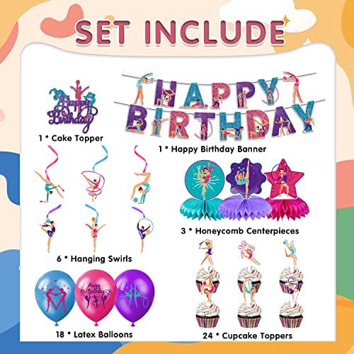 Decorações de festas de aniversário de ginástica, 61 peças de ginástica de ginástica para meninas, incluem banner de aniversário