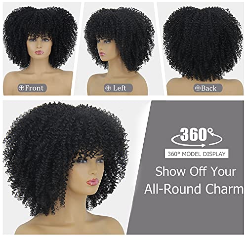 Keat curto curto afro perucas para mulheres negras, peruca preta de substituição de cabelo grande e fofo com franja,