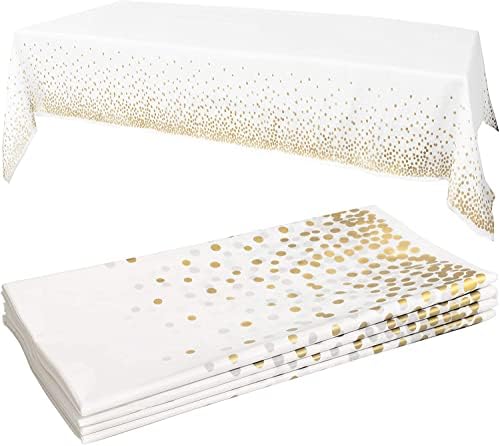 Toelas de mesa de brancos/ouro de Prestee, 4pk, 54 x108 | Toalhas de mesa descartáveis ​​do ponto de ouro | Talha de mesa de plástico