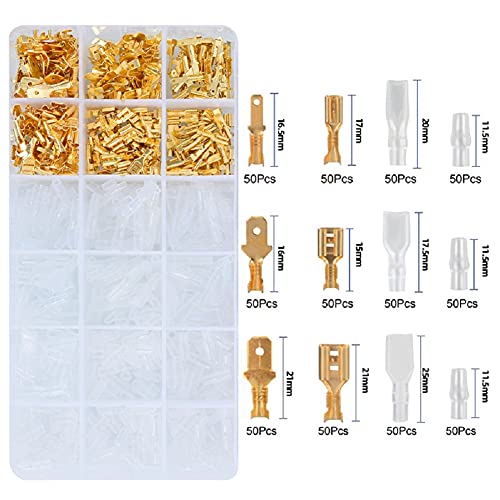 600pcs 2,8/4.8/6,3mm em emenda rápida e fêmea e fêmea Conector Crump Terminal Block Golden Golden com manga isolante