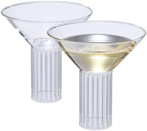 Roupa de vidro de martini exclusivo com nervuras, copos de 7 onças - Conjunto de 2 - Base de estilo com nervuras lisadas