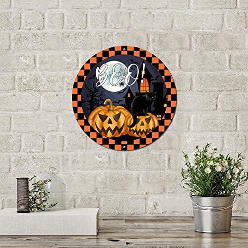 Placa de metal redonda Placa Halloween Boo Pumpkins and Cats Sign de grinalda vintage Sinal de parede de porta angustiada