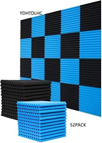 YDHTDLHC 52 Painéis de espuma acústica da embalagem, 1 x 12 x 12 preto/azul Wedge Studio Foam Sound Absortion Wall Painéis