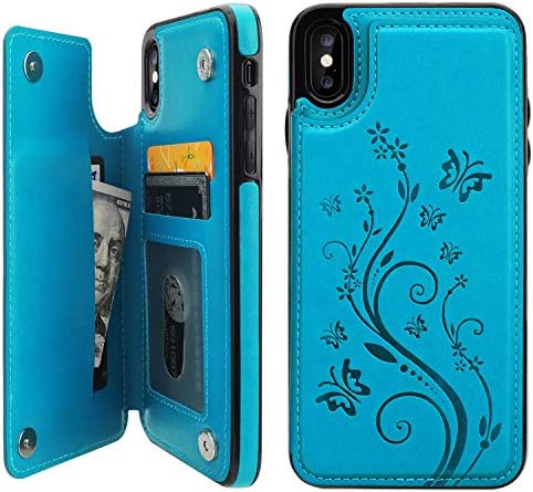 Vaburs iPhone XS Max Wallet Case com suporte para cartão, botões magnéticos duplos de couro premium de borboleta em relevo,