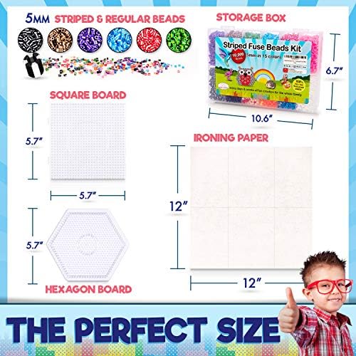 10,000 5mm Stripped Fuse Beads kit for Kids 50 Patterns 3 Pegboards Tweezers Perler Beads Kit Compatible Hama Beads Melty Beads